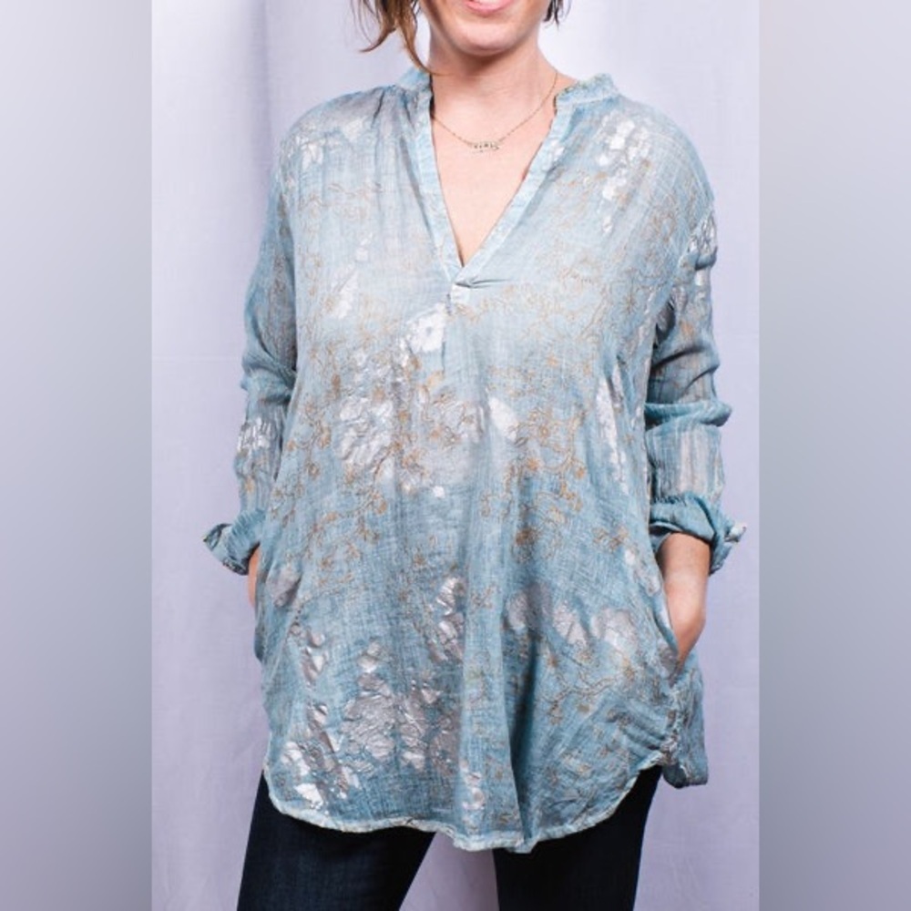 DOLMA light blue semi sheer 100% cotton foil metallic floral long sleeve tunic